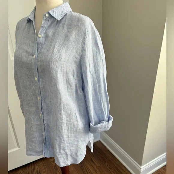 J.Mclaughlin Britt Button Front Collared 100% Linen Shirt - Light blue stripe - Picture 4 of 8